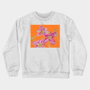 Pink Lily Flower Watercolor Painting Pattern - on Orange Crewneck Sweatshirt